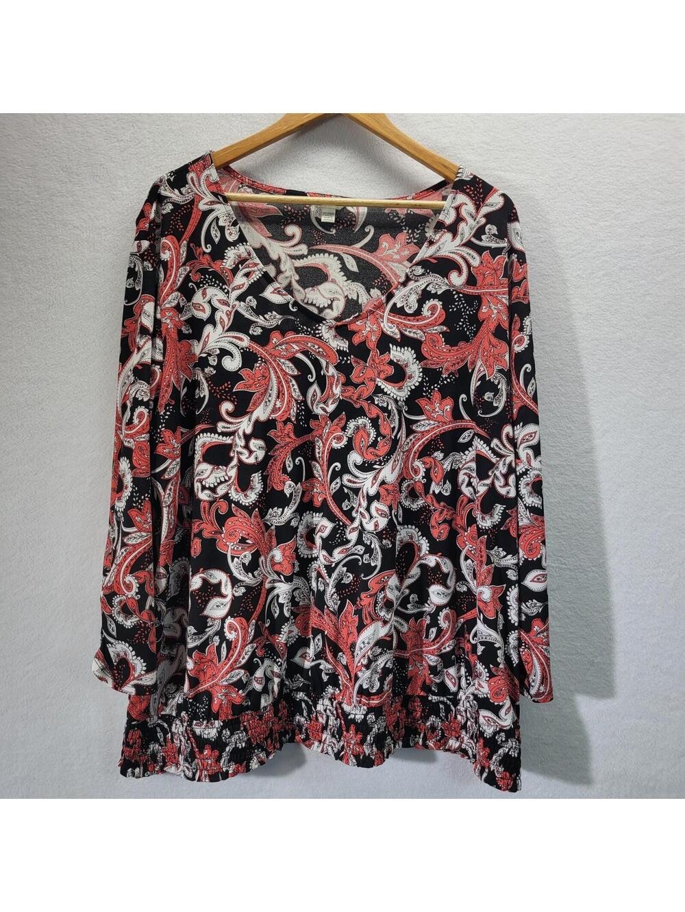 EST 1946 Cato Women Top 22/24W Black Floral Paisley Long Sleeve Pullover Shirt